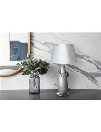 Thebes lampada tavolo base ceramica argento paralume bianco interno argento h. 37 Moderno E14