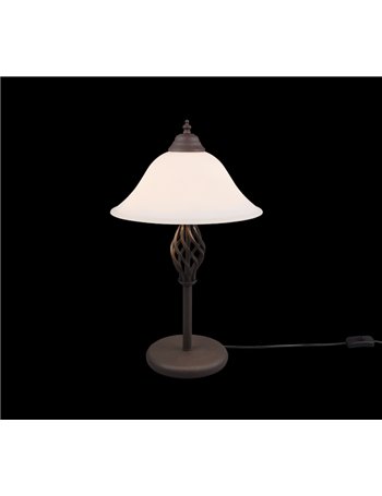 Rustica lampada da tavolo metallo ruggine con diffusore vetro bianco h. 50cm Moderno E14