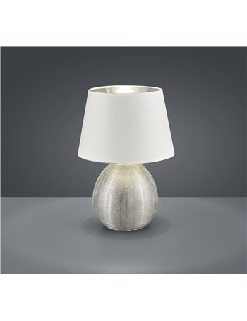 Luxor lampada tavolo grande ceramica argento e paralume bianco h. 35cm d. 24cm Moderno E27