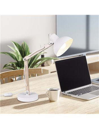 Kimi lampada da studio legno naturale e metallo bianco con 3 snodi h. 50cm Moderno E27