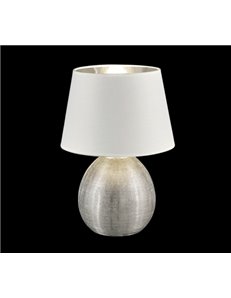 Luxor lampada tavolo grande ceramica argento e paralume bianco h. 35cm d. 24cm Moderno E27 2