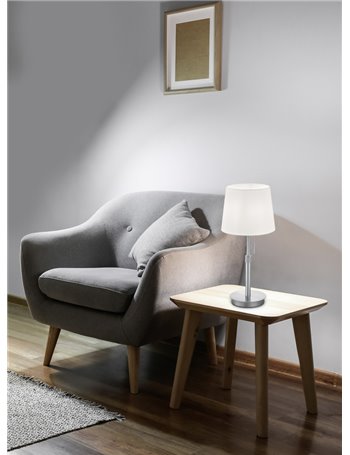 Lyon lampada da tavolo acciaio satinato con paralume bianco regolabile in altezza h. 45-57cm, d.46,5cm Moderno E27