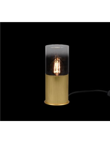 Robin lampada da tavolo cilindro metallo ottone satinato e vetro fume' e trasparente h. 25,5cm Moderno E27