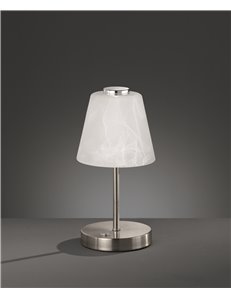 Emmy lampada da tavolo led vetro alabastro metallo acciaio satinato con funzione touch dimmer a 4 intensita' h. 24cm, d.12cm Mod 2