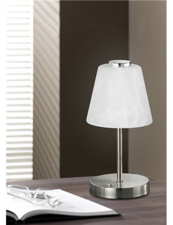 Emmy lampada da tavolo led vetro alabastro metallo acciaio satinato con funzione touch dimmer a 4 intensita' h. 24cm, d.12cm Mod