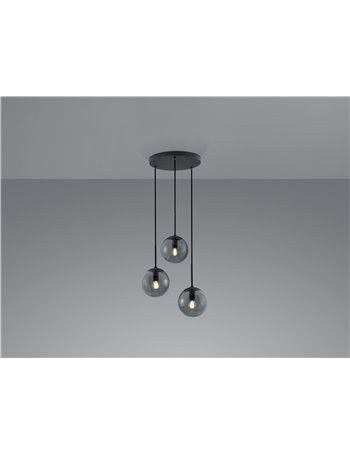 Balini sospensione sfere vetro fume' e metallo antracite calata 3 luci d. 40cm Moderno LED