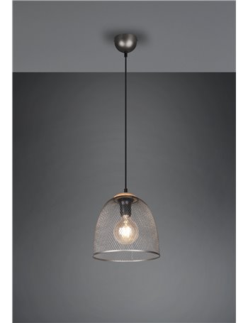 Ivar sospensione cupola metallo rete nikel anticato con legno d. 25cm Moderno LED