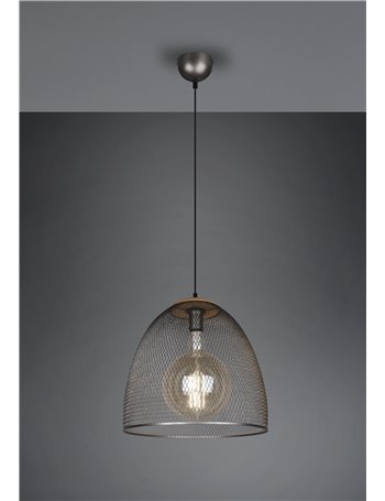 Ivar sospensione grande cupola metallo rete nikel anticato con legno d. 40cm Moderno LED