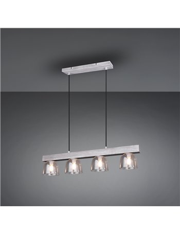 Karina sospensione barra legno naturale grigia con 4 vetri trasparenti fume' l.75cm Moderno E14