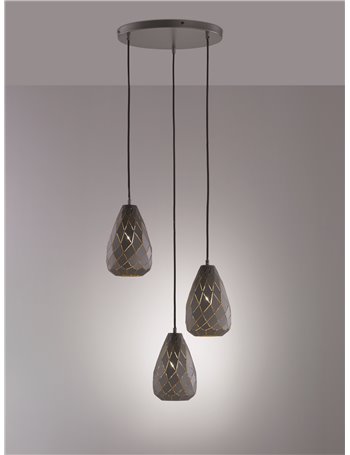 Onyx sospensione 3 diffusori metallo nero interno oro taglio laser a rombo d.35cm Moderno E27