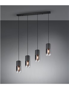 Robin sospensione 4 cilindri metallo nero e vetri fume' e trasparenti l. 80,5cm Moderno E27 2