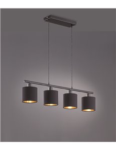 Tommy sospensione con 4 diffusori paralumi neri e oro base metallo nero opaco l.76cm Moderno E14