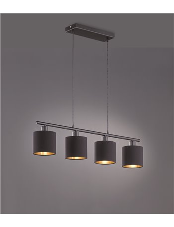 Tommy sospensione con 4 diffusori paralumi neri e oro base metallo nero opaco l.76cm Moderno E14