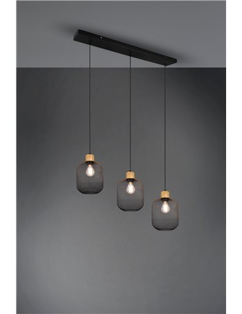 Calimero sospensione barra 3 diffusori a rete metallo nero con particolare in legno naturale l. 80cm Vintage E27