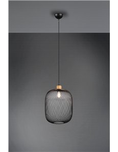 Calimero sospensione rete metallo nero con particolare in legno naturale d. 30cm Vintage E27