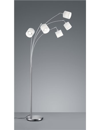 Tommy piantana ad arco con 5 diffusori paralumi bianchi base metallo acciaio satinato h.200cm Moderno E14