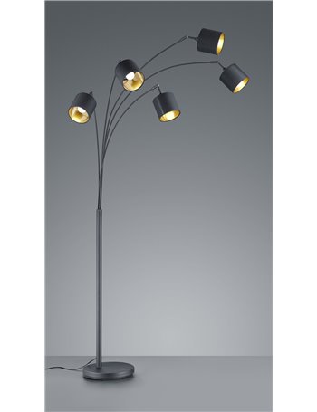 Tommy piantana ad arco con 5 diffusori paralumi neri e oro base metallo nero opaco h.200cm Moderno E14