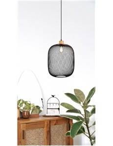Calimero sospensione rete metallo nero con particolare in legno naturale d. 30cm Vintage E27 2