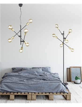 Cross piantana 3 braccia orientabili 6 luci nero opaco e oro h. 165cm Moderno E27