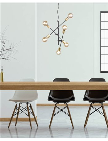 Cross sospensione 3 braccia orientabili 6 luci nero opaco e oro d. 54,5cm Moderno E27