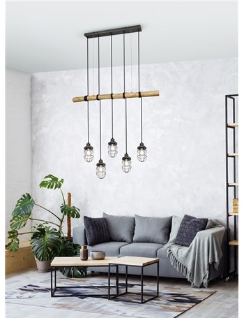 Forester sospensione legno con 5 diffusori gabbia metallo acciaio anticato l. 100cm Moderno LED