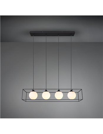 Gabbia sospensione metallo nero con 4 vetri sfera bianchi l. 100cm Moderno E14