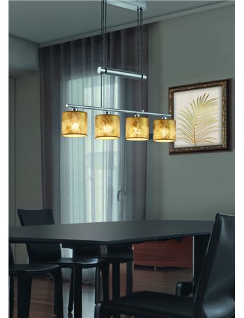 Garda sospensione 4 diffusori in tessuto oro con bilanciere regolabile l. 77cm Moderno E14
