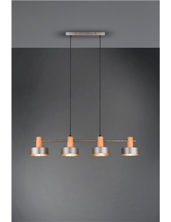Gaya sospensione 4 diffusori in metallo acciaio anticato con particolare in legno naturale l. 90cm Moderno Led