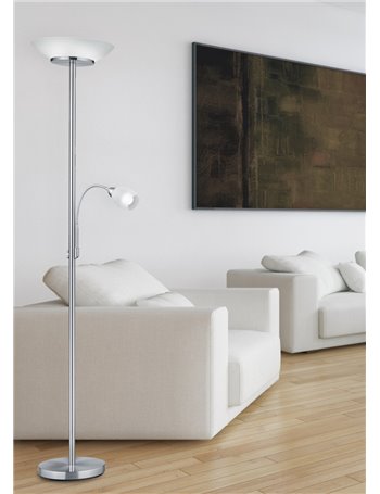 Gerry piantana con lampada da lettura metallo acciaio satinato con diffusori vetro bianco h. 180cm Moderno E27+E14