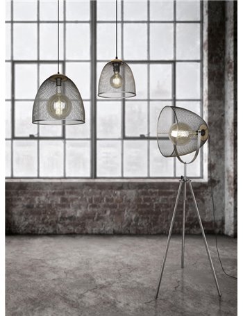 Ivar piantana grande cupola metallo rete nikel anticato con legno h. 165cm Moderno LED