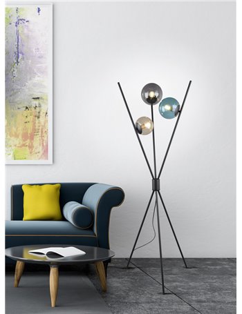 Lance piantana 3 aste nera con 3 sfere vetro multicolor h. 160cm Moderno E14