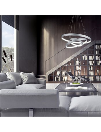 Macau sospensione led 3 cerchi alluminio regolabili ed orientabili dimmerabili con normale interruttore a scatto d. 75cm, h. 150