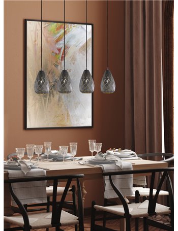 Onyx sospensione 4 diffusori metallo nero interno oro taglio laser a rombo l.90cm Moderno E27