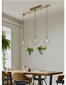 Plant sospensione gabbia 3 luci metallo acciao anticato e corda 2 porta pianta l. 100cm Moderno LED