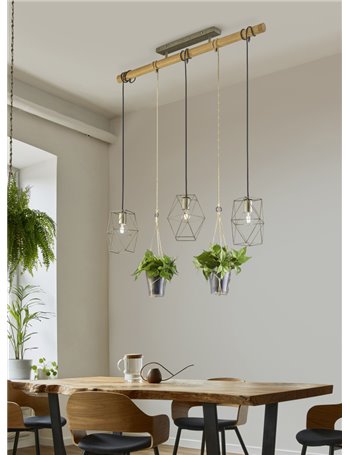 Plant sospensione gabbia 3 luci metallo acciao anticato e corda 2 porta pianta l. 100cm Moderno LED