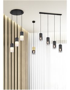 Robin sospensione 4 cilindri metallo nero e vetri fume' e trasparenti l. 80,5cm Moderno E27