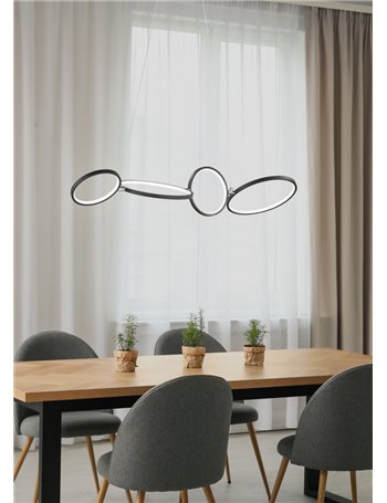 Rondo sospensione led 4 cerchi metallo nero opaco con variazione intensita' con interruttore a parete l. 110cm Moderno LED