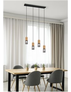 Tosh sospensione 4 cilindri gabbia metallo nero opaco e legno l. 70cm Moderno LED