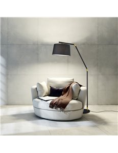 Tracy piantana metallo nero con inserti oro e paralume nero h. 175cm d.40cm Moderno E27
