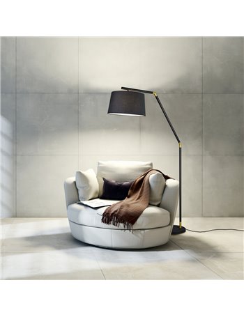 Tracy piantana metallo nero con inserti oro e paralume nero h. 175cm d.40cm Moderno E27