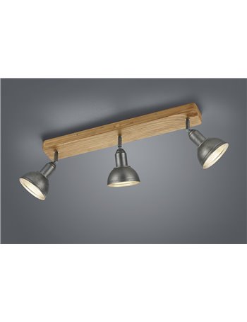 Delhi barra 3 spots cupola metallo acciaio antico e legno l. 58cm