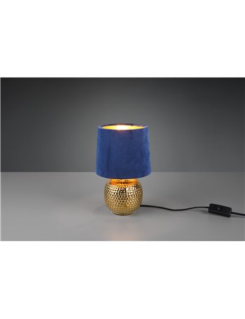 Sophia lampada da tavolo base ceramica oro e paralume effetto velluto blu h. 26cm