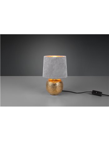 Sophia lampada da tavolo base ceramica oro e paralume effetto velluto grigio h. 26cm