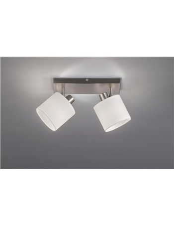 Tommy barra 2 spots con diffusori paralumi bianchi base metallo acciaio satinato l.28cm