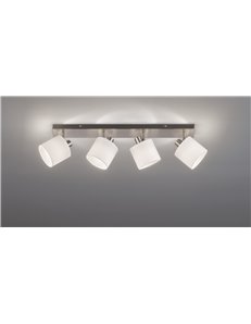 Tommy barra 4 spots con diffusori paralumi bianchi base metallo acciaio satinato l.75cm