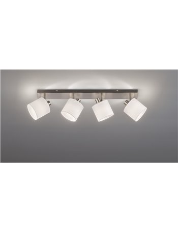 Tommy barra 4 spots con diffusori paralumi bianchi base metallo acciaio satinato l.75cm