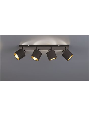 Tommy barra 4 spots con diffusori paralumi neri e oro base metallo nero opaco l.75cm