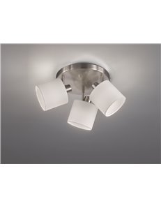 Tommy plafoniera 3 spots con diffusori paralumi bianchi base metallo acciaio satinato d.25cm
