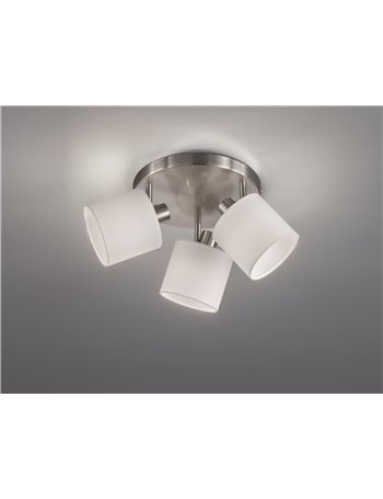Tommy plafoniera 3 spots con diffusori paralumi bianchi base metallo acciaio satinato d.25cm