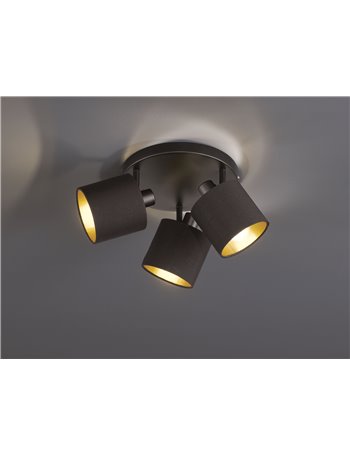 Tommy plafoniera 3 spots con diffusori paralumi neri e oro base metallo nero opaco d.25cm